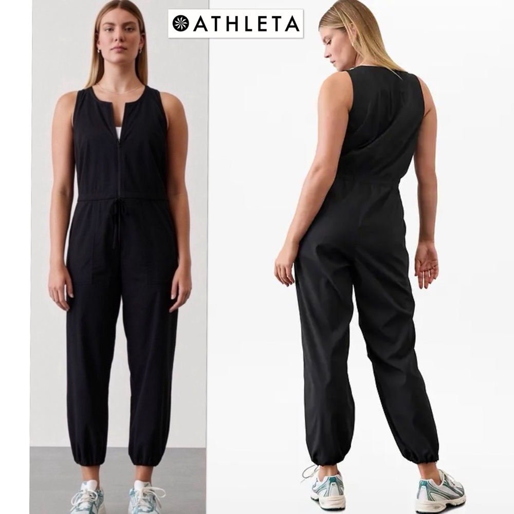 Athleta Flex Jumpsuit Black Size 12 588230 Cinch Wide Leg Outdoor Travel - Picture 3 of 16